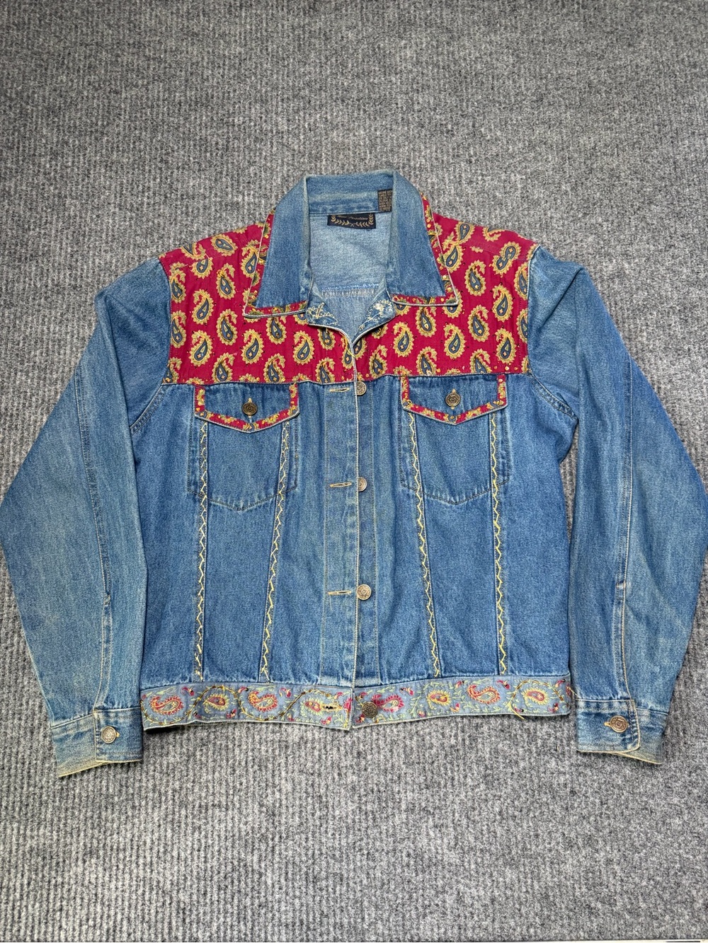 VintageBlue Denim Jacket with Red Paisley Yoke